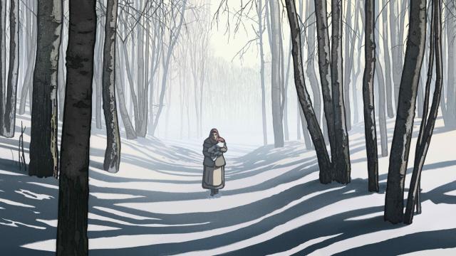 Image tirée du film. Une paysanne polonaise du milieu du 20eme siècle marche dans une forêt enneigée, tenant un bébé dans ses bras.